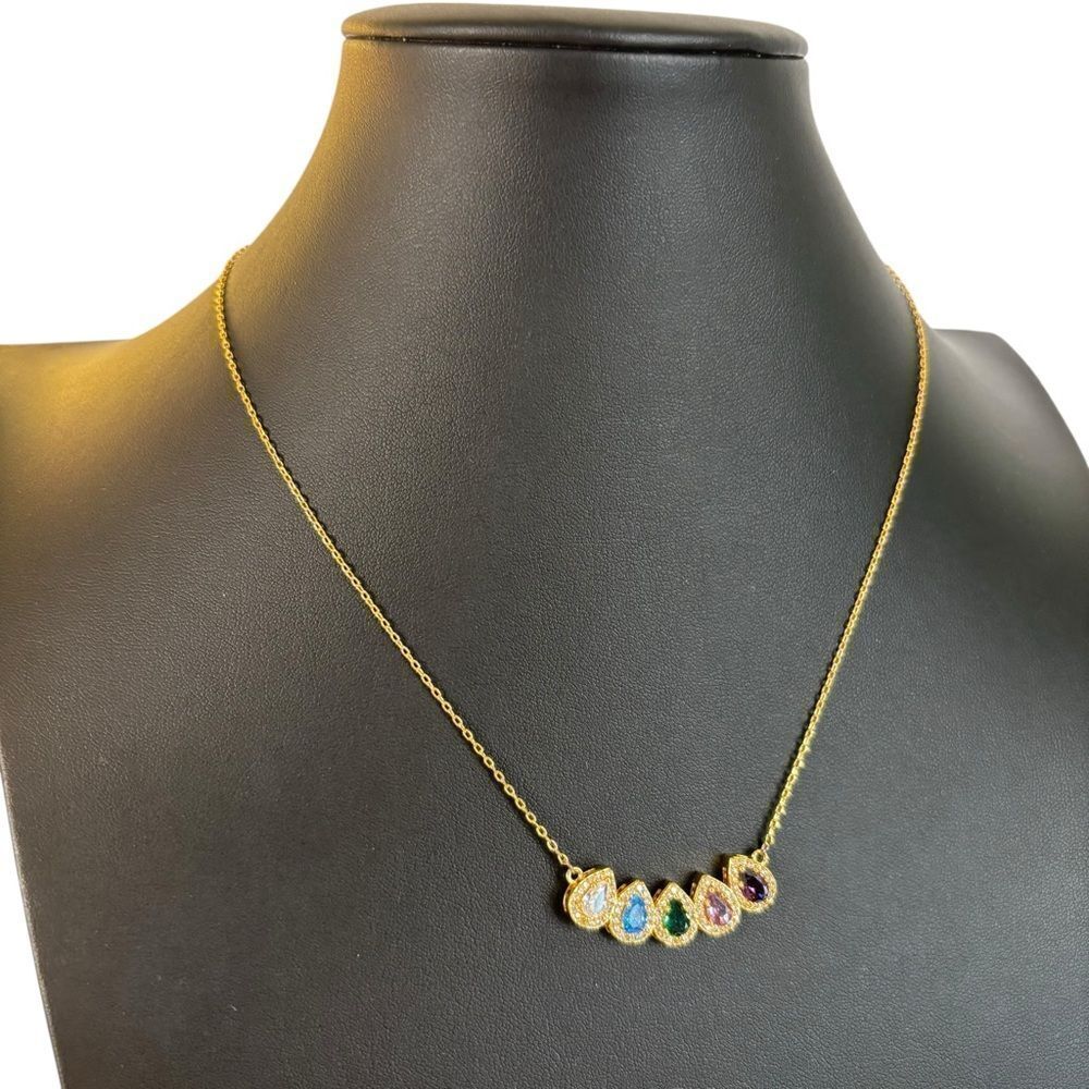 Elegant Gold Tone Multicolored Gemstone Teardrop Necklace - Picture 3 of 6